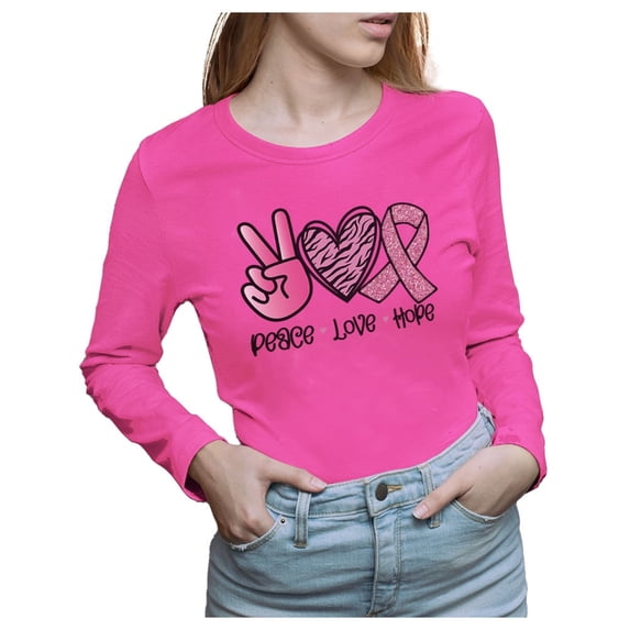 Pink Glitter Ribbon Womens Tee Breast Cancer Awareness Women Long Sleeve T-Shirt Glitter Long Sleeve Pink Large