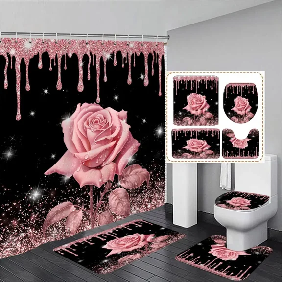 Pink Glitter Rose Shower Curtain and Rug Bathroom Set Floral Pink Glitter Shower Curtains Bath Mat Bathroom Decor with