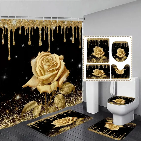 Pink Glitter Rose Shower Curtain and Rug Bathroom Set Floral Pink Glitter Shower Curtains Bath Mat Bathroom Decor with