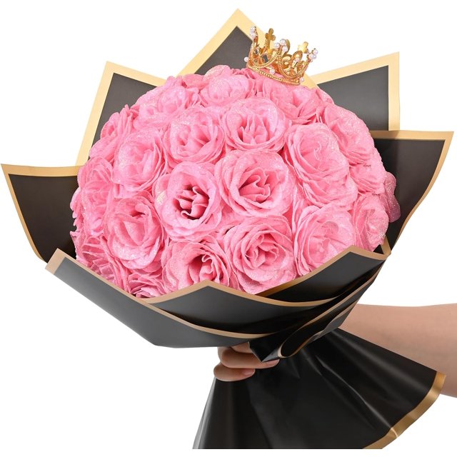 Pink Glitter Roses Bouquet, DIY Fake Flowers Bouquet, Everlasting Shiny