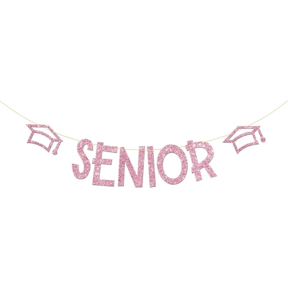 Pink Glitter Senior Banner with Graduation Cap Cutouts, Senior Year Graduation Photo Booth Party Supplies