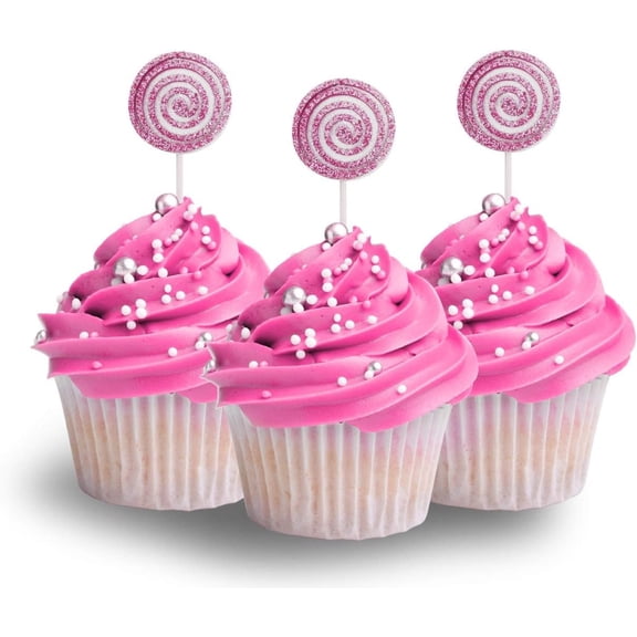 Pink Glitter Swirl Lollipop Cupcake Toppers, 12PCS Spiral Candy Silhouette Cupcake Picks for Candy Party Kids Birthday Cake Decorations