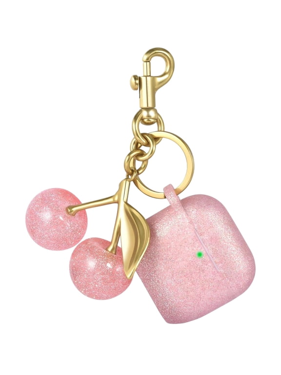Pink Glitter TPU Case for Apple AirPods 4 4th Gen with Cherry Keychain, Cute Matte Anti-Drop Protective Cover for Women, Supports Wireless Charging, Shockproof Earbuds Case