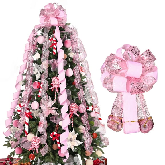 LoomJoyz 11 Inch Pink Glitter Christmas Tree Topper Bow - 3 Yards Ribbon Streamer Tails Holiday Decor