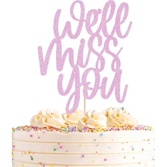 Pink Glitter We'll Miss You Cake Topper, Cursive Script Cake Pick for Farewell Retirement Going Away Party Cake Decor,1 Pack