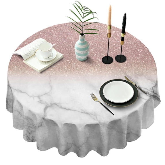 Pink Glitter White Marble Pattern Round Tablecloth 60"x60",Wrinkle Wipeable Table Cloth for Kitchen Dining Room Picnic Patio Party