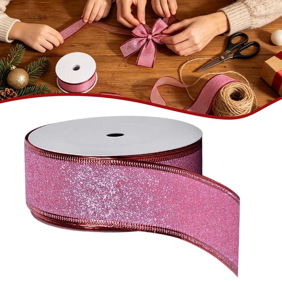 Pink Glitter Wired Ribbon,Pink with Metallic Edge,Christmas Ribbon for Wreath, ChritmasTree Decoration, Gift Wrapping,Home Decor, 1.5 Inch x 10 Yards