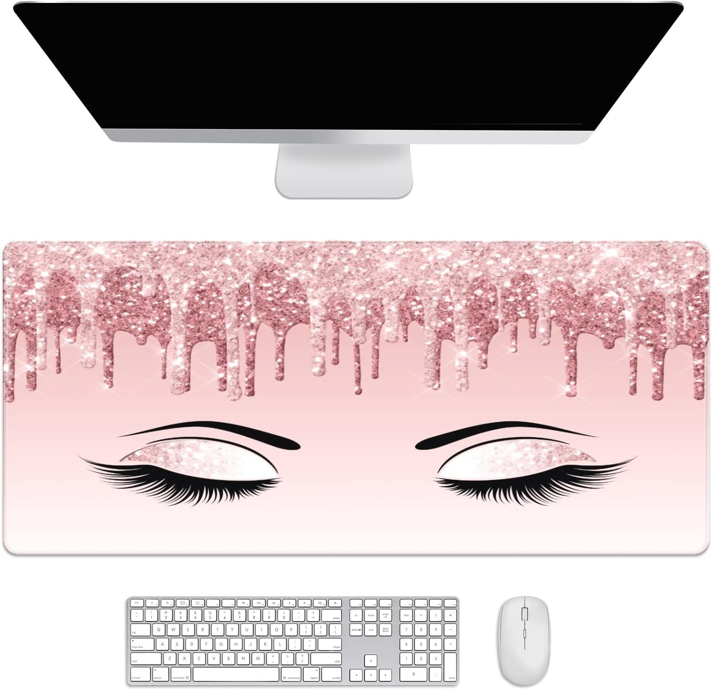 Pink Glitter Women Eyelash Desk Mat, Desk Accessory, Cute Workspace, Trendy Workspace, Trendy, 35.4x15.7in Large Gaming Mouse Pad, Cute Desk Topper, Pretty Desk Pad