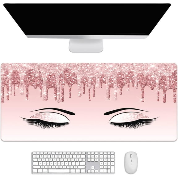 Pink Glitter Women Eyelash Desk Mat, Desk Accessory, Cute Workspace, Trendy Workspace, Trendy, 35.4x15.7in Large Gaming Mouse Pad, Cute Desk Topper, Pretty Desk Pad