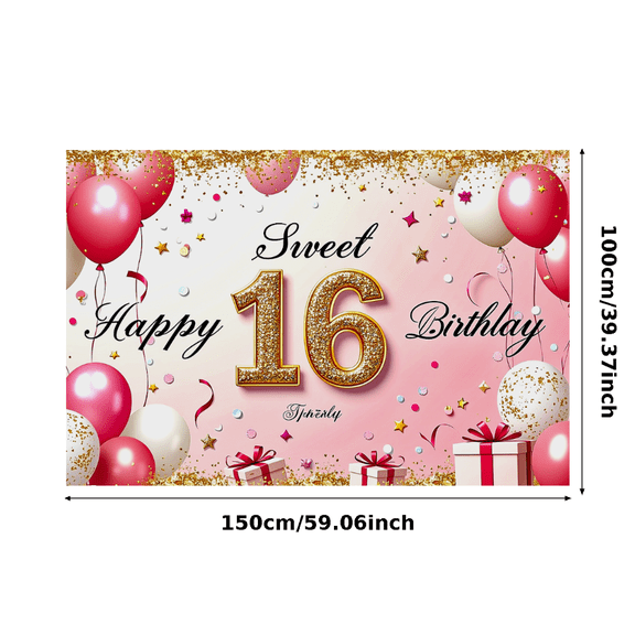 Pink Glittery 16th Birthday Backdrop Banner with Balloons Gifts and Confetti Happy Birthday Party Decoration Photography Prop Party Supplies Background Decorations