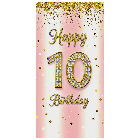 Pink Glittery Background Happy 10th Birthday Banner Party Supplies Photography Props Birthday Decoration Backdrop Decorations for Indoor Outdoor Celebrations