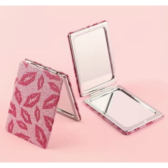 Pink Glittery Rectangular Foldable Makeup Mirror - Compact Dual-Sided Handheld Pocket Mirror for Travel & Home Use
