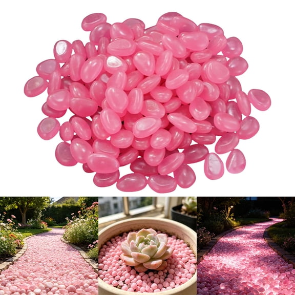 Pink Glow in Dark Garden Pebbles, 150Pcs Luminous Stones for Walkway Fish Tank Aquarium, Resin Decorative Rocks for Outdoor Indoor Decor