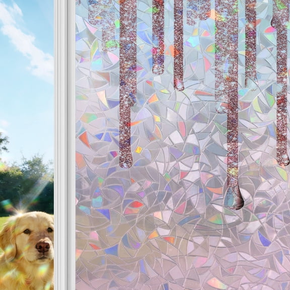 Pink Glowing Fluid Window Privacy Film Stain Glass, Reusable Decorative Rainbow Window Film, Romantic Modern Droplet Non-Adhesive Static Cling Sun Blocking Stickers Decals Covers 17.7" x 39.3" (2pcs)