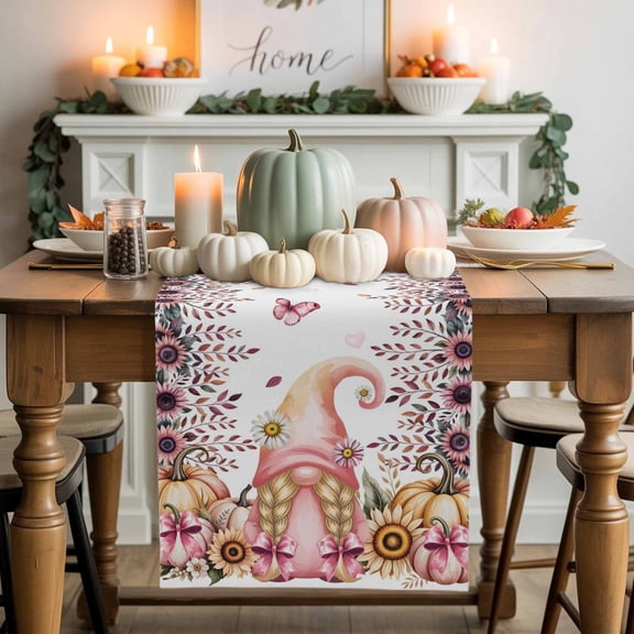 Pink Gnome Daisy Cotton Linen Table Runner, Washable Table Runners for Kitchen, Dining Room, Holiday, Home Party Table Decor, 13x120 Inches