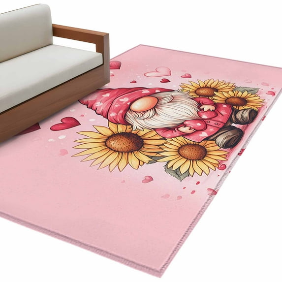 Pink Gnome Sunflower Washable Area Rug 2.7 x 5 ft Valentine, Soft Non Slip Rugs Stain Repellent Indoor Felt Carpet for Living Dining Room Bedroom Home Office
