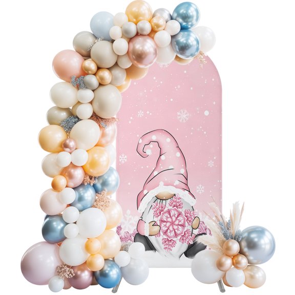 Pink Gnomes Christmas Arch Backdrop Cover 5x2.1 Ft, Spandex Wedding Arch Stand Cover, Pink Xmas Snowflake Winter Rustic Round Top Stretch Fitted Background Covers for Birthday Ceremony Party Decor