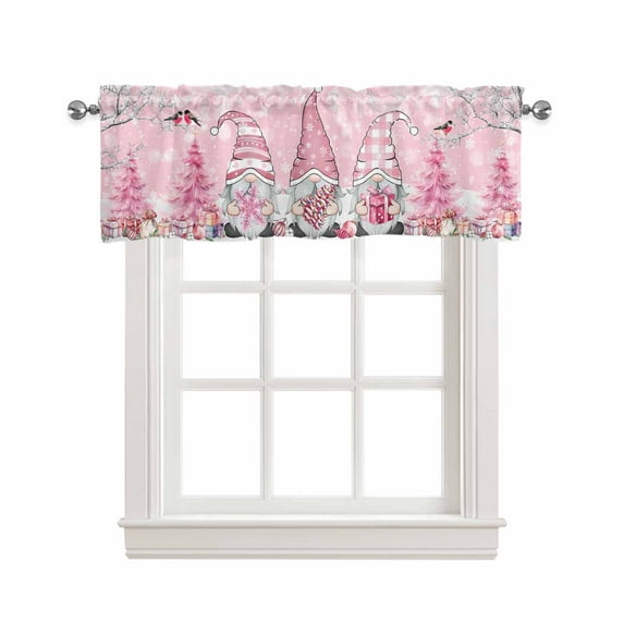Pink Gnomes Christmas Linen Curtain Valance for Bedroom/Bathroom/Kitchen/Office/Living/Dining Room Window,Xmas Tree Winter Snowflake Rod Pocket Topper Decorative Cafe Drapes Panel 54"x18"