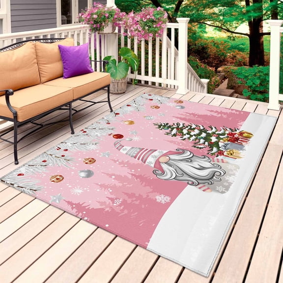 Pink Gnomes Christmas Outdoor Rug 3x5 Ft, Non Slip Washable Area Rug, Snowflake Xmas Tree Gifts Winter Patio Rugs Carpet Runner, Large Floor Mat for Indoor/Outdoor Deck Porch Camping