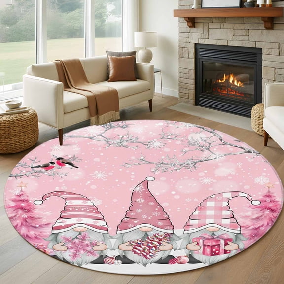 Pink Gnomes Christmas Round Area Rug 6 FT, Non Slip Bedroom Area Rug, Xmas Tree Snowflake Winter Washable Soft Circular Carpet Non-Shedding Floor Mat for Kitchen Dining Room Home Office Kids Room