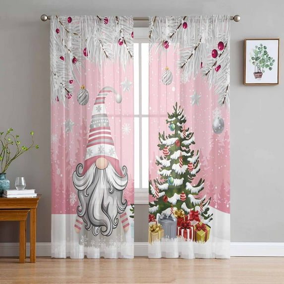 Pink Gnomes Christmas Sheer Curtains 72 Inches Long, Snowflake Xmas Tree Gifts Winter Light Filtering Window Curtains for Living Room, Rod Pocket Voile Sheer Curtain Drapes, 52"Wx72"L, 2 Panels