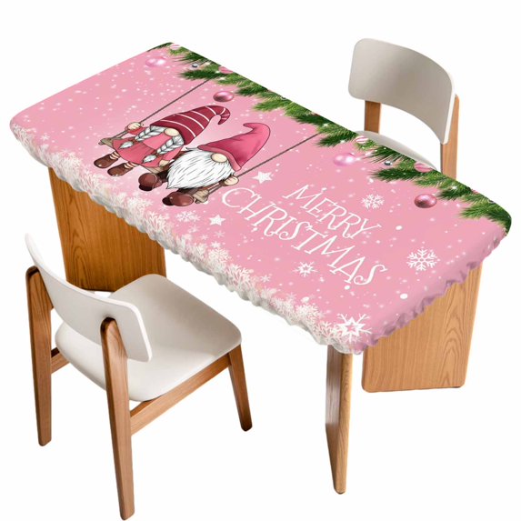 Pink Gnomes Christmas Table Cloths for 3 Foot Rectangle Tables, Xmas Berry Balls Snowflake Patio Waterproof Elastic Fitted Tablecloths, Washable Rectangular Table Cover for Camping