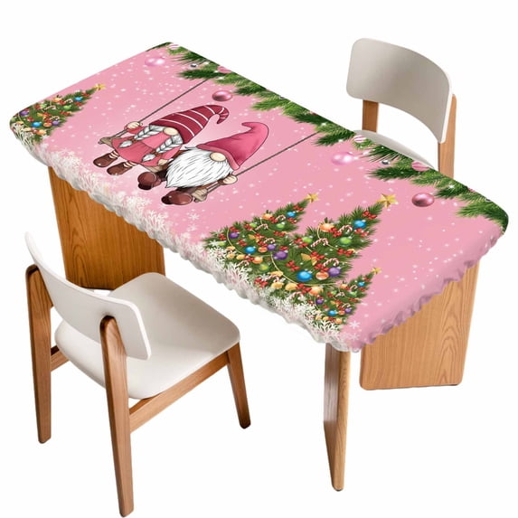 Pink Gnomes Christmas Table Cloths for 4 Foot Rectangle Tables, Xmas Tree Balls Snowflake Patio Waterproof Elastic Fitted Tablecloths, Washable Rectangular Table Cover for Camping
