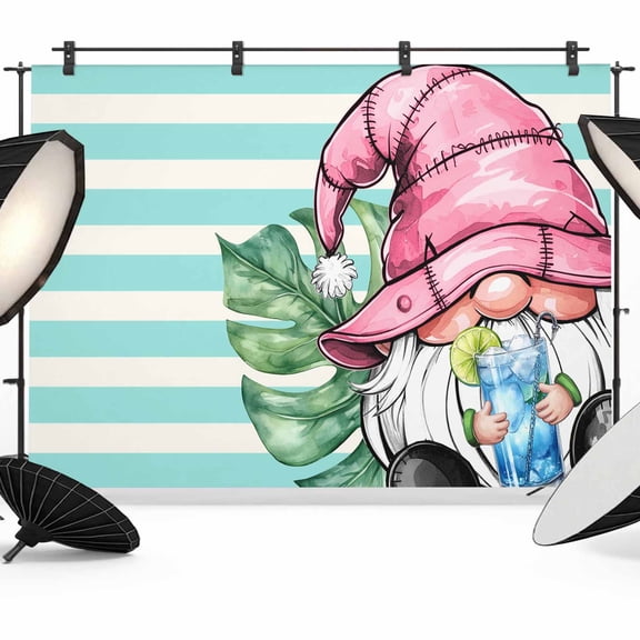 Pink Gnomes Summer Backdrop for Photography, Fabric Photo Background Backdrop, Tropical Leaves Aqua Stripes Photo Booth Background for Portrait Photoshoot Video Wedding Studio Decoration Banner 7x5ft