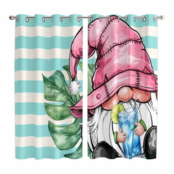 Pink Gnomes Summer Kitchen Curtains 84 Inch Length, Tropical Leaves Aqua Stripes Grommet Top Bedroom Living Room Curtains, Light Filtering Cafe Curtain Drapes 2 Panels Set 104''x84''