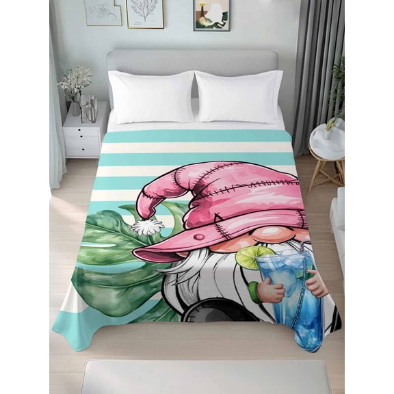 Pink Gnomes Summer Queen Size Flat Sheet, Wrinkleproof & Fadeproof Cooling Flat Bed Sheet Only, Tropical Leaves Aqua Stripes Breathable Soft Bedding Top Sheets 90 x 102 Inches