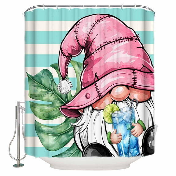 Pink Gnomes Summer Shower Curtains for Bathroom Waterproof Fabric Bath Curtains Decor Bath Tub Curtain Tropical Leaves Aqua Stripes Decorative Shower Curtain Sets with 12 Hooks, 72x72 Inch