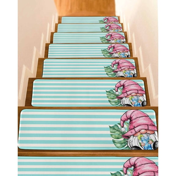 Pink Gnomes Summer Stair Treads for Wooden Steps Indoor Runner Rug Carpet, Tropical Leaves Aqua Stripes 7 Pieces Peel and Stick Staircase Step Treads Covers Washable Throw Door Mats, 30"x8"