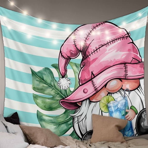 Pink Gnomes Summer Tapestry for Bedroom Wall Hanging Tapestry, Tropical Leaves Aqua Stripes Ceiling Backdrop Tapestries Poster Blanket Wall Decor for Teens Room Living Room Dorm 39" x 59"