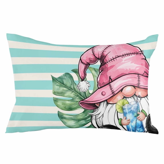 Pink Gnomes Summer Throw Pillow Cover 16 x 24 Inch Decorative Pillow Cover Tropical Leaves Aqua Stripes Lumbar Pillowcase Seasonal Rectangle Cushion Case for Couch Sofa Bed Living Room