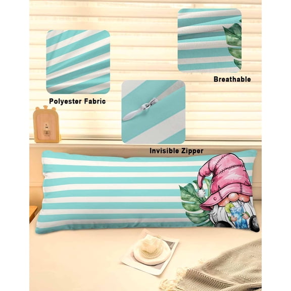Pink Gnomes Summer Throw Pillow Covers, Tropical Leaves Aqua Stripes Soft Breathable Pillow Cases with Invisible Zipper for Sleeping, Long Body Pillowcases for Couch Bed Sofa Chair 20x60 Inches