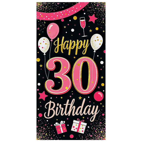Pink and Gold 30th Birthday Background Happy Birthday Banner with Balloons Stars and Gifts Party Supplies Birthday Decoration Photography Props Backdrop Party Decor