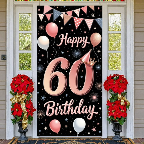 Pink Gold 60th Birthday Banner Glitter Display Balloon Decor Star Pattern 60th Celebration Backdrop for 60th Birthday Party Adult Celebration Indoor Event