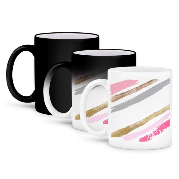 3dRose, Pink, Gold, and Gray Diagonal Brush Strokes, 11oz Magic Transforming Mug