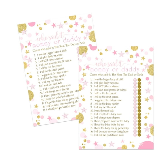 Pink and Gold Baby Shower Games Mommy or Daddy 25 Pack Guess Who Parents Guessing Activity Cards - Twinkle Star Princess Event - Printed 5x7 Size Set - Paper Clever Party