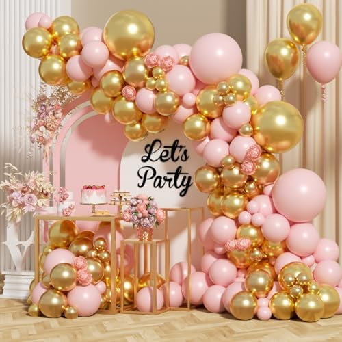 Pink and Gold Balloon Arch Kit, 154Pcs Baby Pink Metallic Gold Latex Balloon Garland kit, 18 12 10 5 Inch Different Size Balloons for Birthday Galentine's Day Valentine's Day Party Decorations