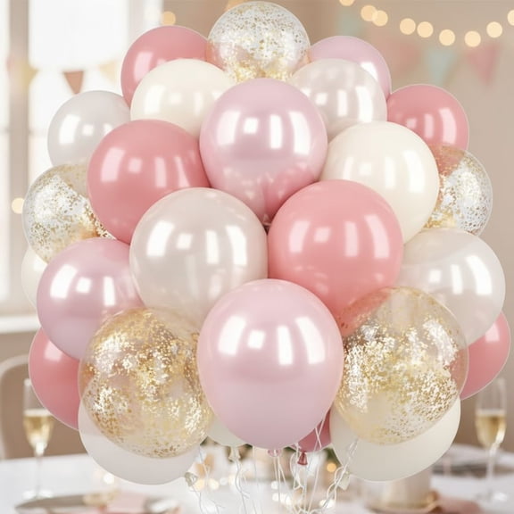 Pink and Gold Balloons, 50Pcs 12 Inch Retro Blush Pink Cream White Double Stuffed-pink Metallic Gold Confetti Boho Ballon for Birthday Bridal Shower Wedding Party Decorations