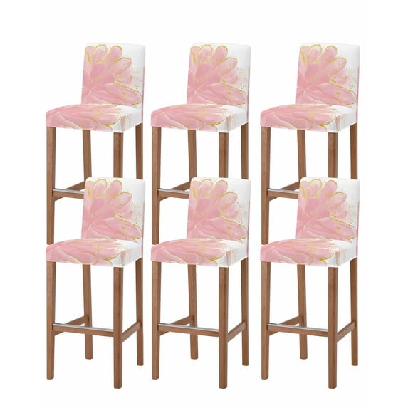 Pink Gold Bar Stool Covers Set of 6, Boho Modern Abstract Minimalist Aesthetic Flower Stretch Bar Chair Covers with Backs, Removable Pub Counter Height Chair Cover for Kitchen Dining Room Cafe