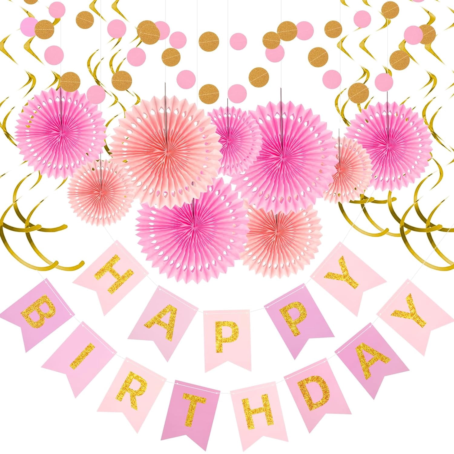 Birthday Party Decorations Kit for Women Girls, Pink Gold Happy Birthday Banner with Honeycomb Fans Circle Dots Garland Swirl Streamers