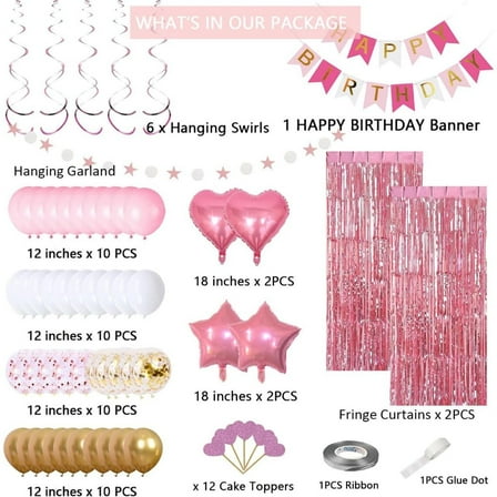 Pink Gold Birthday Party Decorations - Banner, Pink Fringe Curtain, Heart Star Foil Confetti Balloons, Hanging Swirls for Women Girls Birthdays Princess Party
