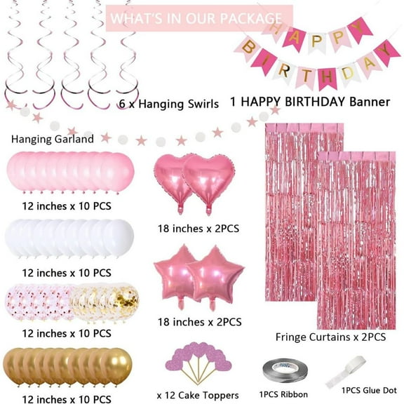 Pink Gold Birthday Party Decorations - Banner, Pink Fringe Curtain, Heart Star Foil Confetti Balloons, Hanging Swirls for Women Girls Birthdays Princess Party