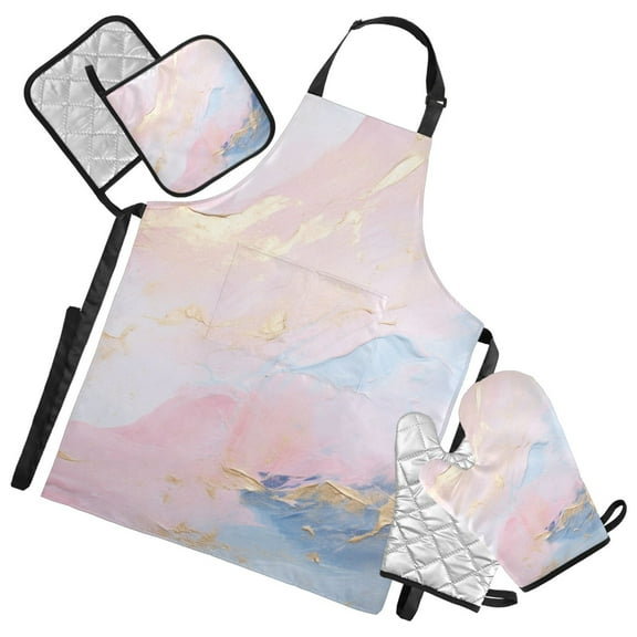 Pink Gold Blue Marble 5 Pcs Kitchen Set Heat Resistant Oven Mitts and Non-Slip Pot Holders with Adjustable Cooking Apron