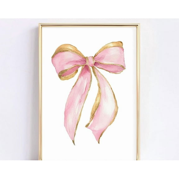 Pink And Gold Bow Wall Art, Watercolor Pink Gold Glitter Bow Print, Pink Nursery Wall Decor, Girls Room Decor, Trendy Wall Art, Cute Art ,Decor For Living Room Bedroom, 8x12 UNFRAMED