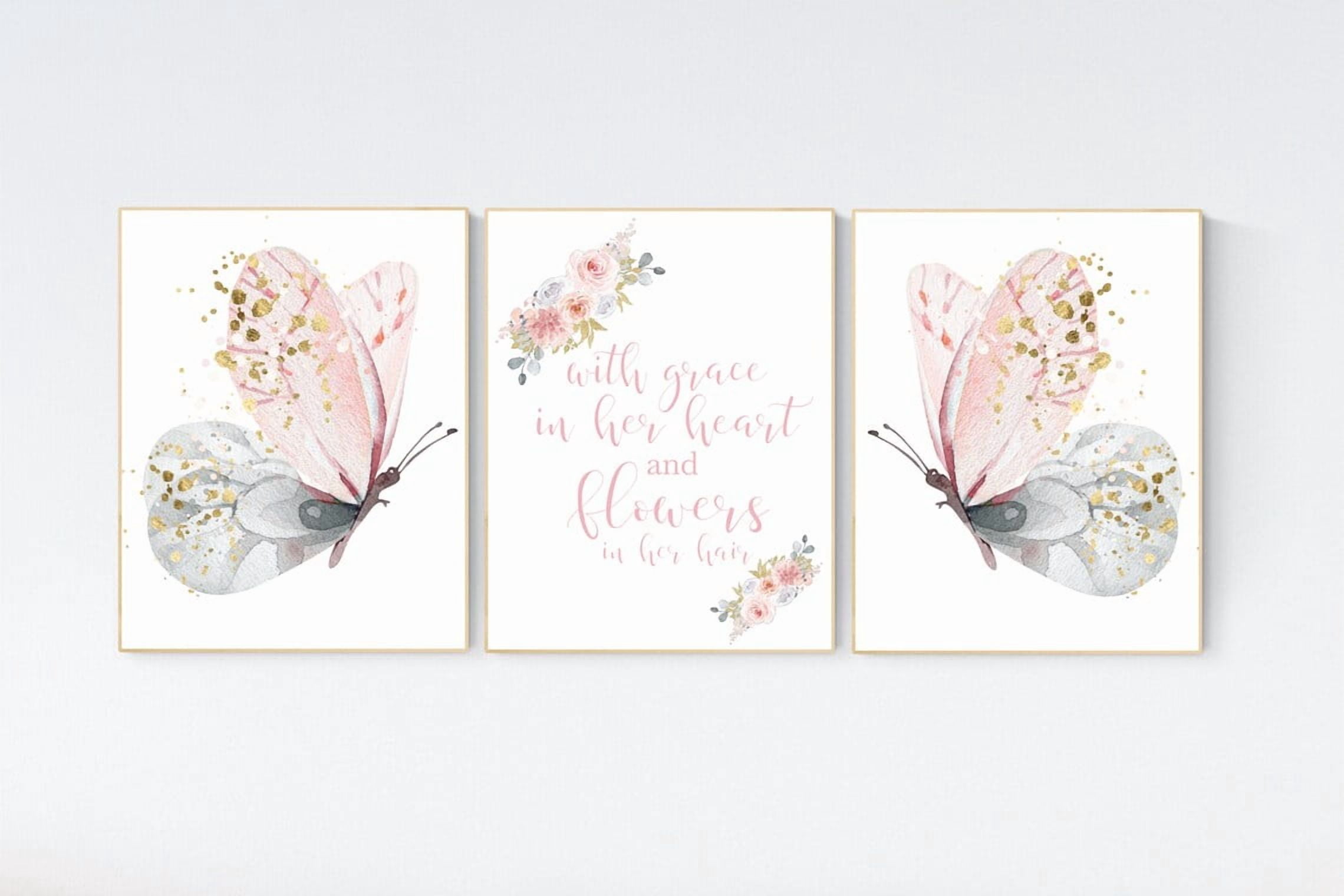 Pink Gold Butterfly Nursery Poster Baby Girl Flower Wall Art Decor Home ...