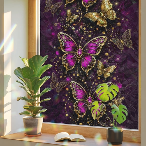 Pink Gold Butterfly Window Privacy Film, Modern Romantic Fantastical Pastoral Dots Static Cling Stained Glass Window Sticker Decorative Removable Rainbow Film for Glass 17.7”x39.3”
