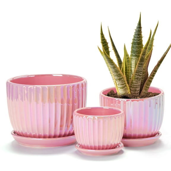 Pink Gold Ceramic Flower Pots, 4"+5"+6" Inch Small Glazed Succulent Planters with Drainage Hole,Modern Indoor Decorative Plant Pots Set of 3,Garden Pots with Saucer